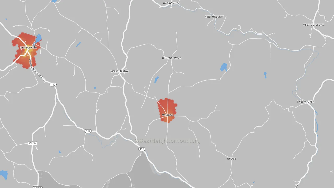 Walk Grade map of 05358, VT, walkable areas in green and car-dependent areas in red