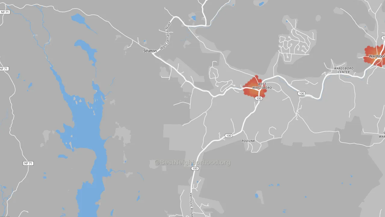 Walk Grade map of 05360, VT, walkable areas in green and car-dependent areas in red