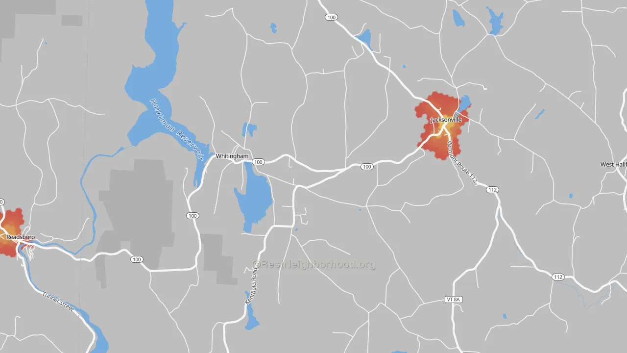 Walk Grade map of 05361, VT, walkable areas in green and car-dependent areas in red