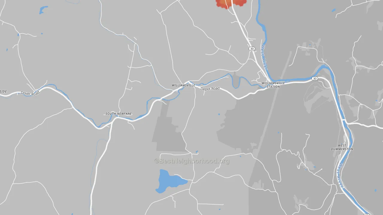 Walk Grade map of 05362, VT, walkable areas in green and car-dependent areas in red