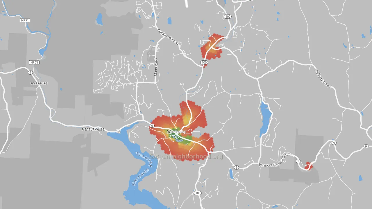 Walk Grade map of 05363, VT, walkable areas in green and car-dependent areas in red