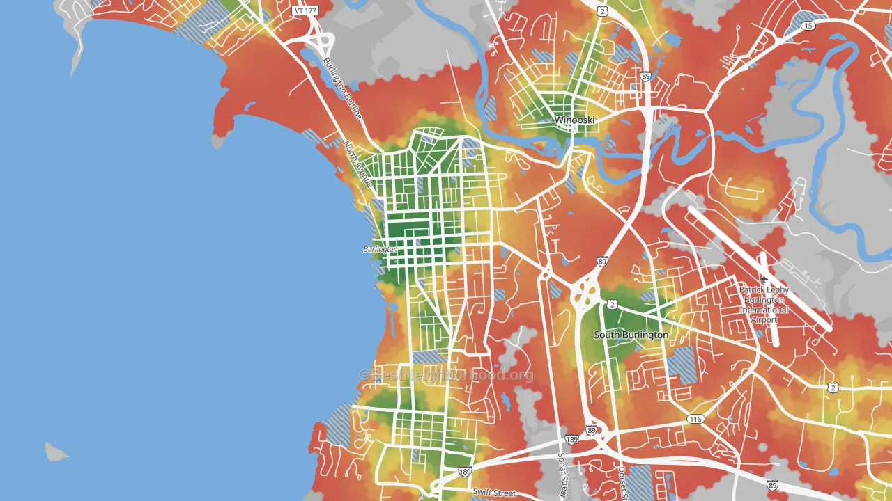Walk Grade map of 05401, VT, walkable areas in green and car-dependent areas in red