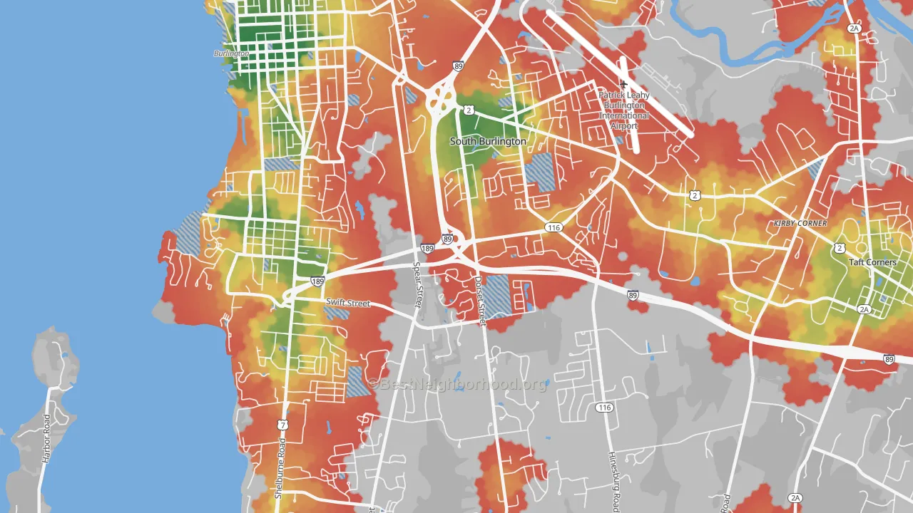 Walk Grade map of 05403, VT, walkable areas in green and car-dependent areas in red
