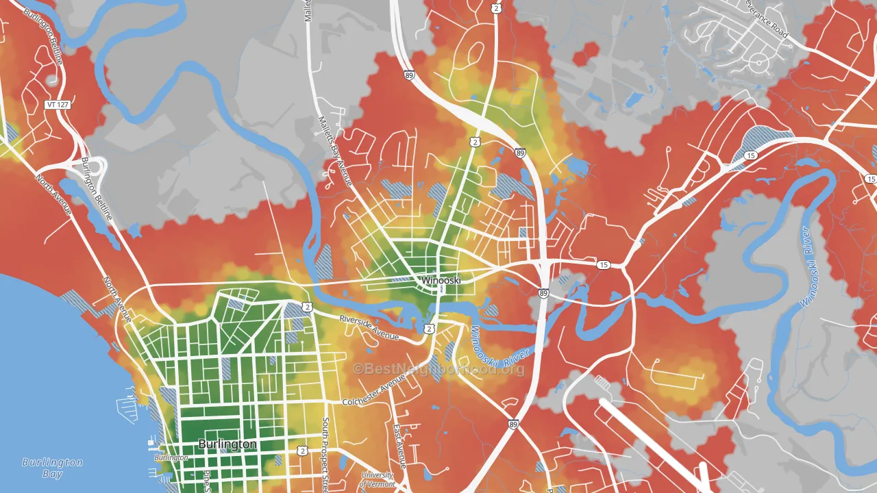 Walk Grade map of 05404, VT, walkable areas in green and car-dependent areas in red