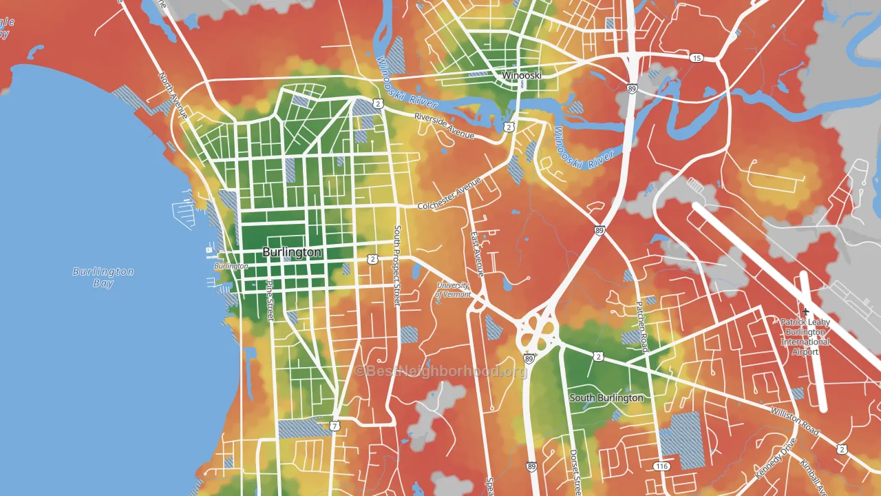 Walk Grade map of 05405, VT, walkable areas in green and car-dependent areas in red