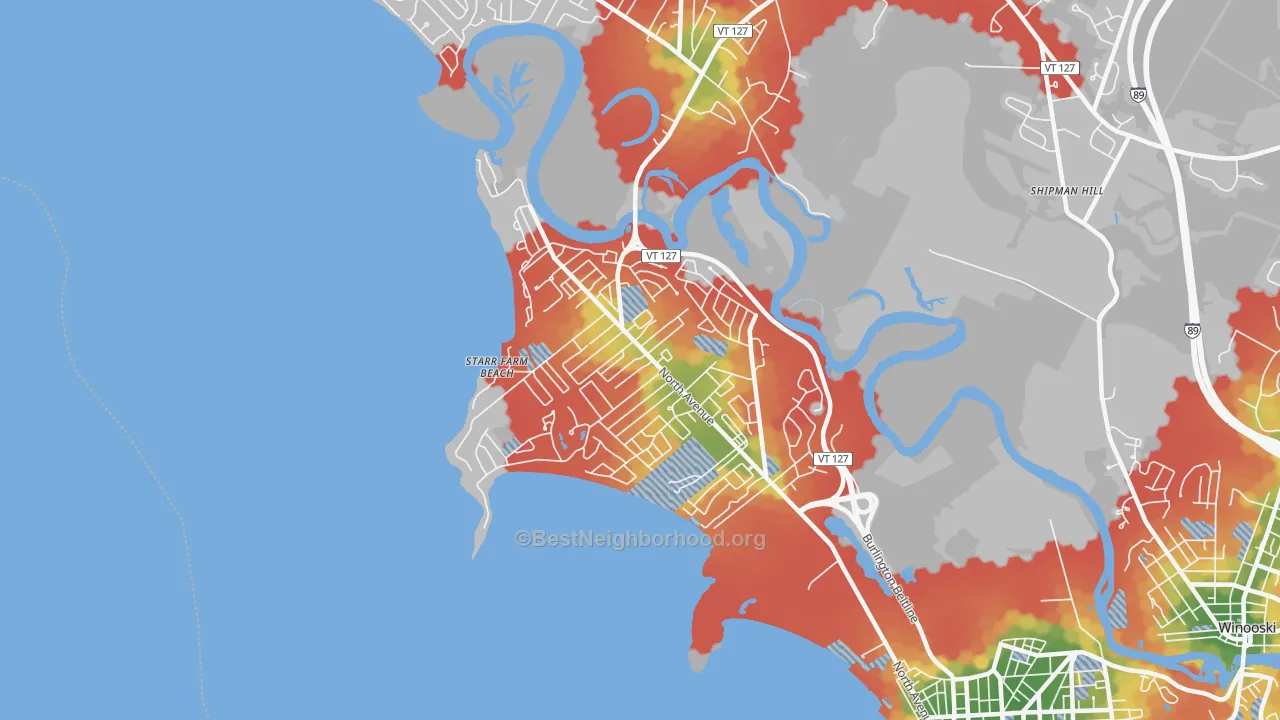 Walk Grade map of 05408, VT, walkable areas in green and car-dependent areas in red