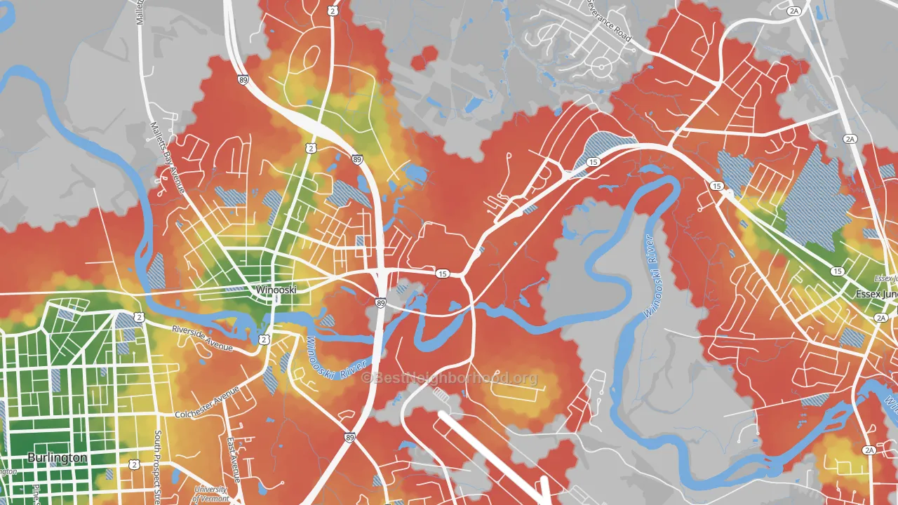 Walk Grade map of 05439, VT, walkable areas in green and car-dependent areas in red