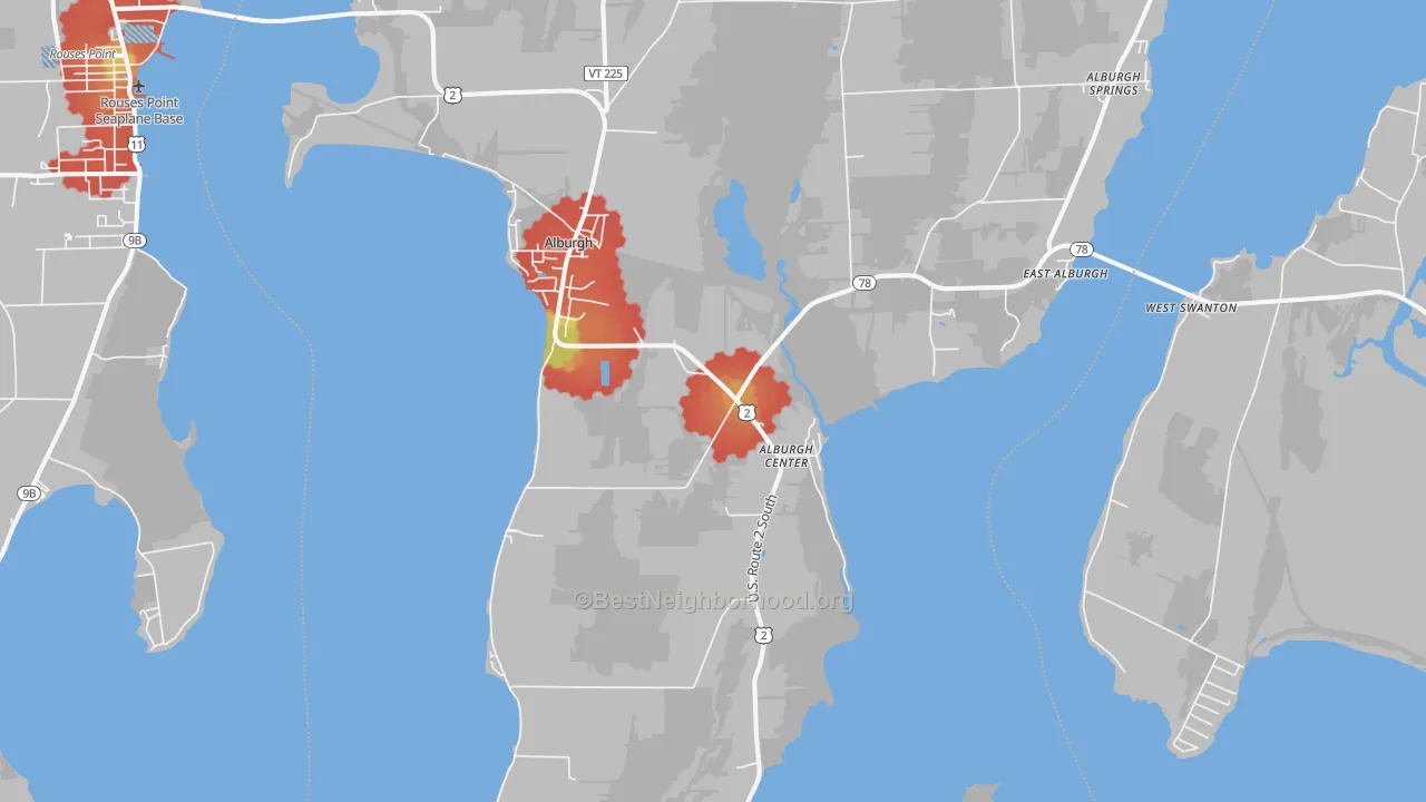 Walk Grade map of 05440, VT, walkable areas in green and car-dependent areas in red