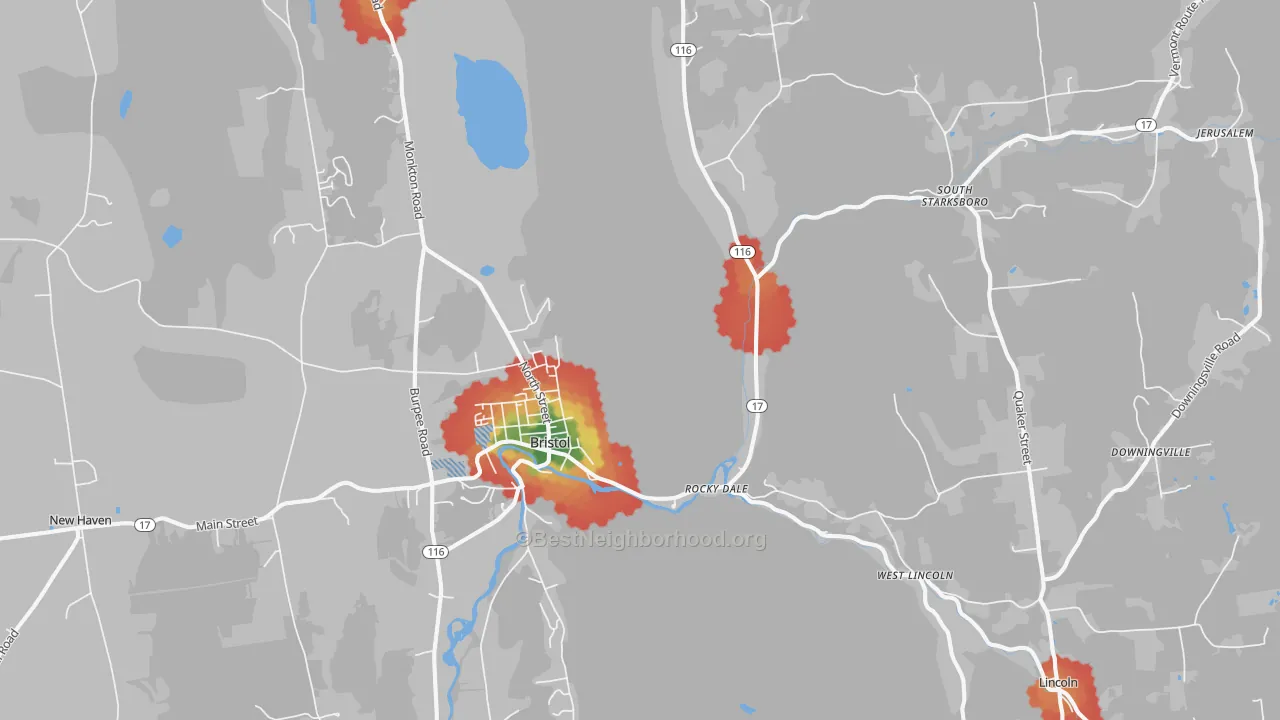 Walk Grade map of 05443, VT, walkable areas in green and car-dependent areas in red