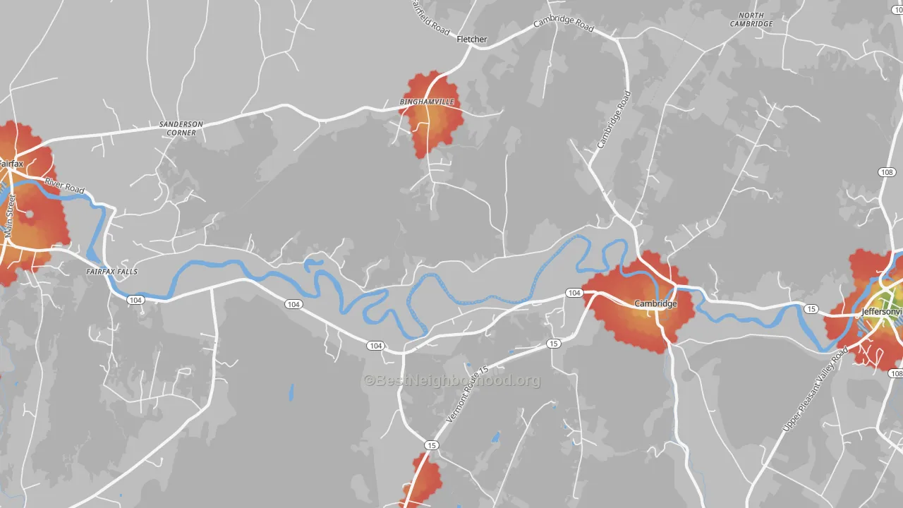 Walk Grade map of 05444, VT, walkable areas in green and car-dependent areas in red