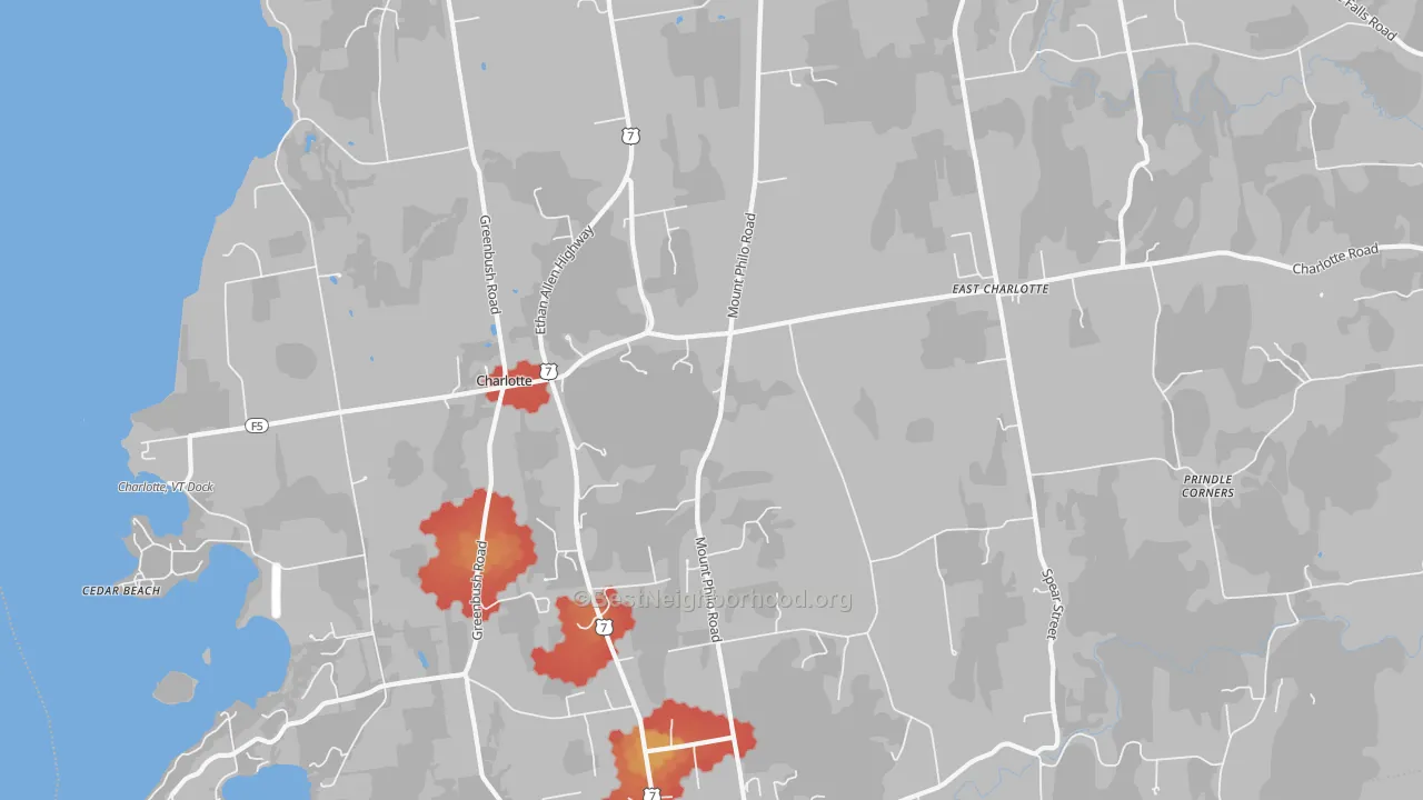 Walk Grade map of 05445, VT, walkable areas in green and car-dependent areas in red