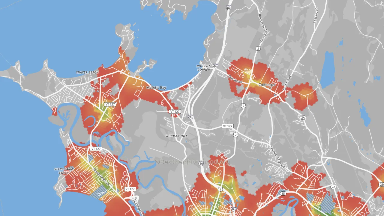 Walk Grade map of 05446, VT, walkable areas in green and car-dependent areas in red