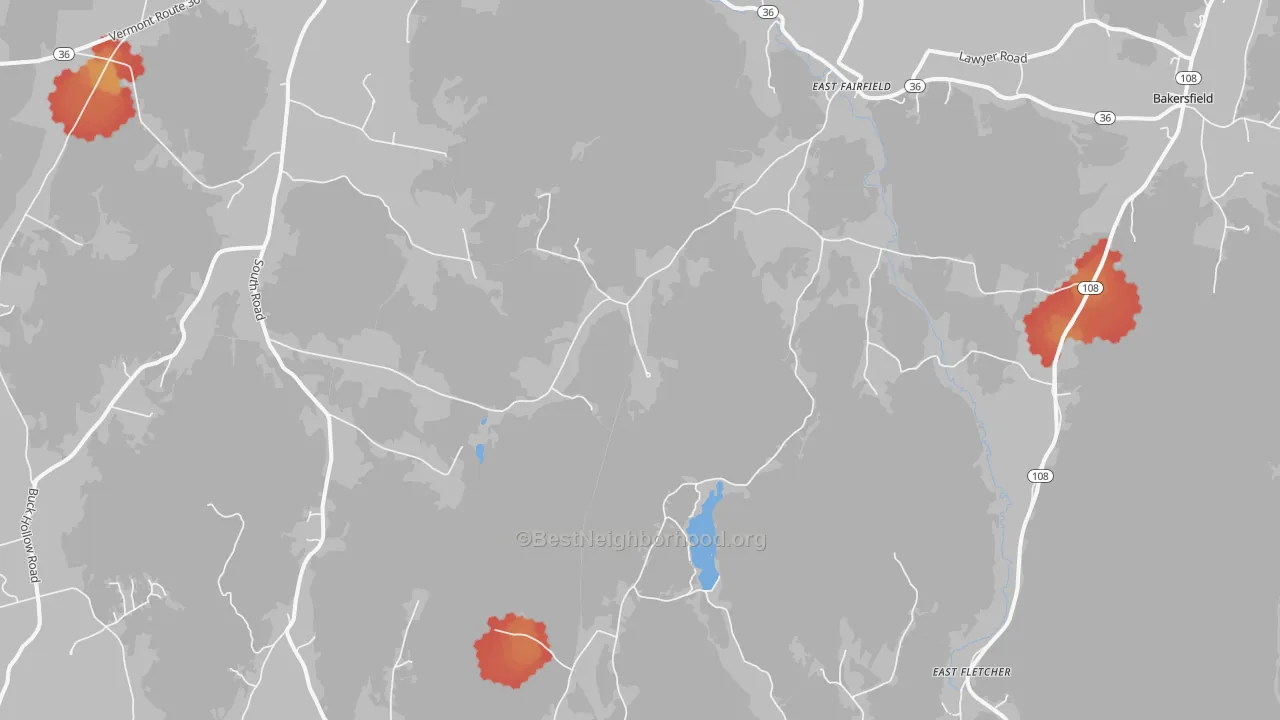 Walk Grade map of 05448, VT, walkable areas in green and car-dependent areas in red