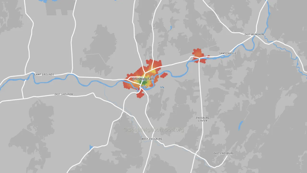 Walk Grade map of 05450, VT, walkable areas in green and car-dependent areas in red