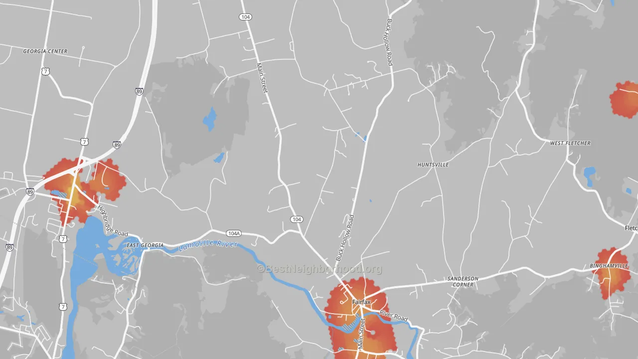 Walk Grade map of 05454, VT, walkable areas in green and car-dependent areas in red