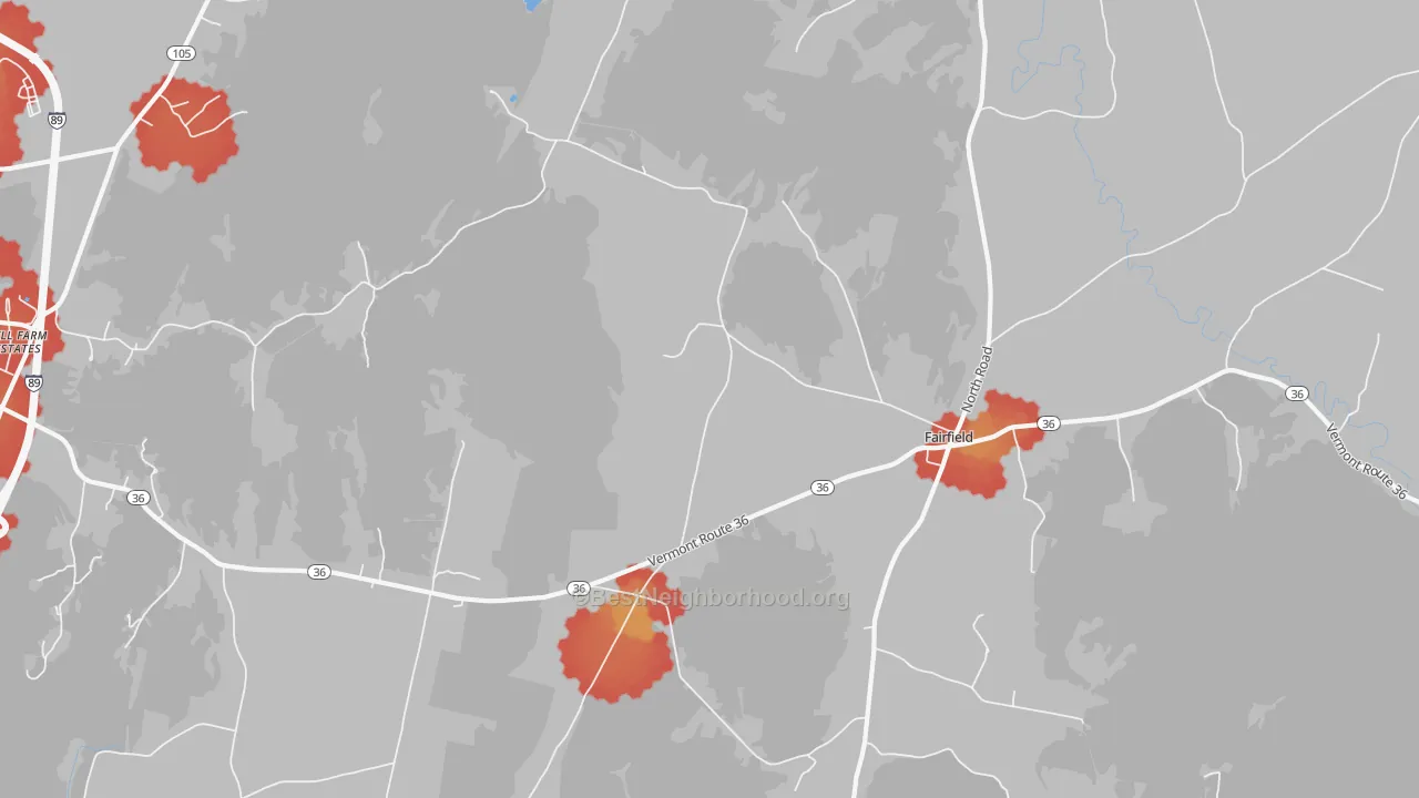Walk Grade map of 05455, VT, walkable areas in green and car-dependent areas in red