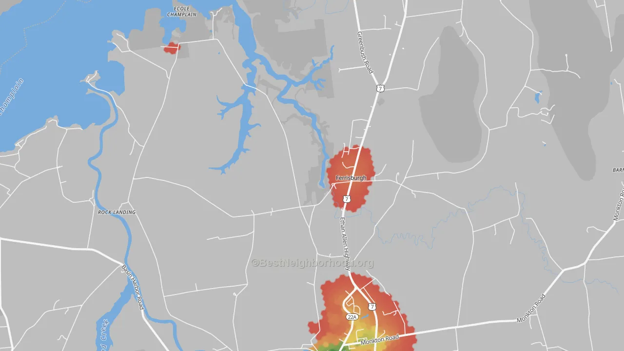 Walk Grade map of 05456, VT, walkable areas in green and car-dependent areas in red