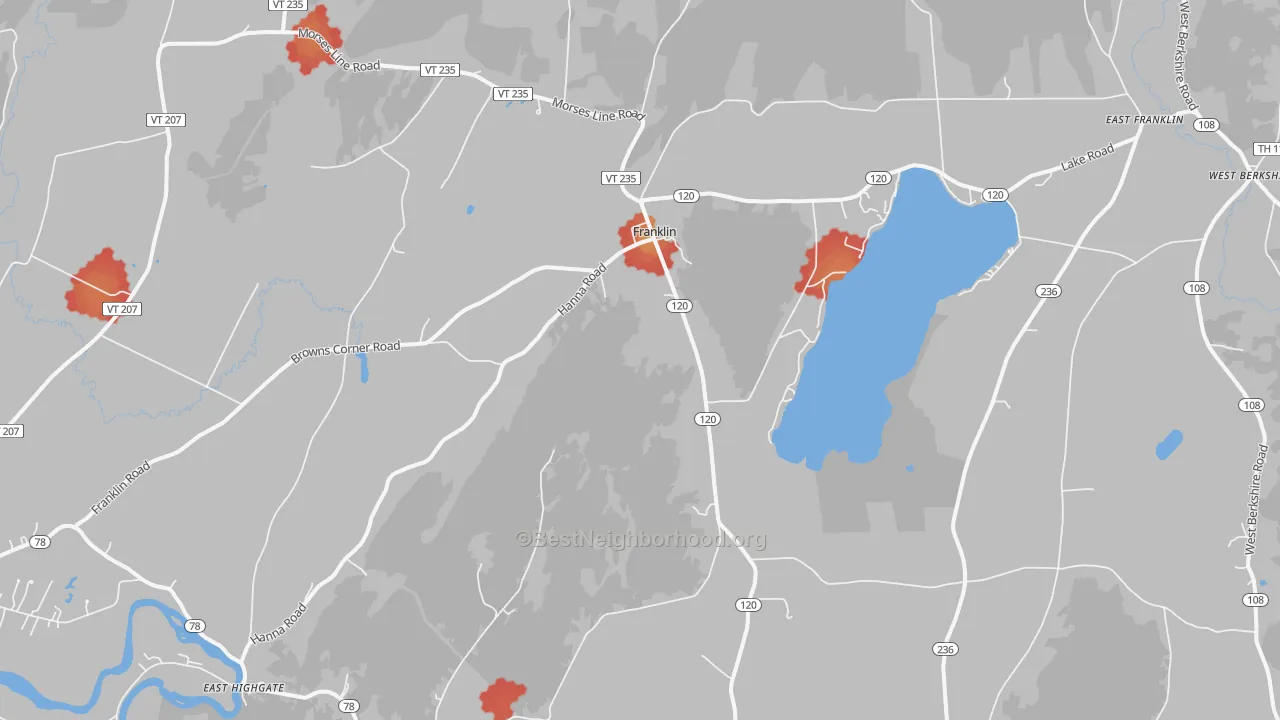 Walk Grade map of 05457, VT, walkable areas in green and car-dependent areas in red