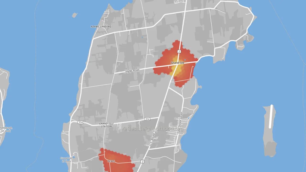 Walk Grade map of 05458, VT, walkable areas in green and car-dependent areas in red