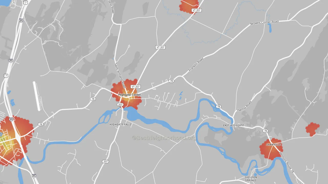 Walk Grade map of 05459, VT, walkable areas in green and car-dependent areas in red