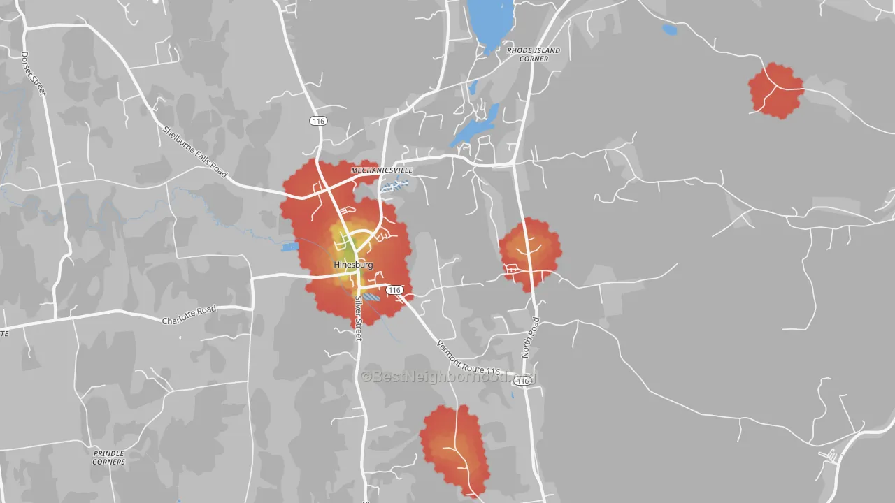 Walk Grade map of 05461, VT, walkable areas in green and car-dependent areas in red
