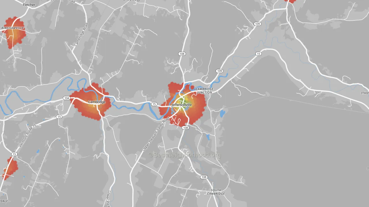 Walk Grade map of 05464, VT, walkable areas in green and car-dependent areas in red