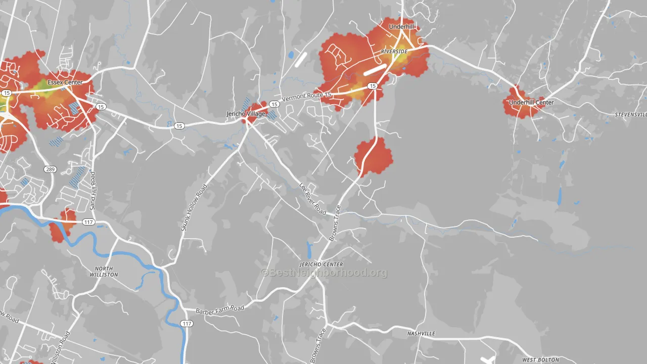 Walk Grade map of 05465, VT, walkable areas in green and car-dependent areas in red