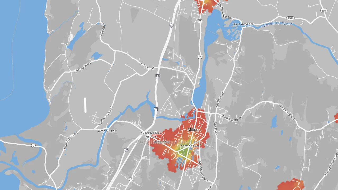 Walk Grade map of 05468, VT, walkable areas in green and car-dependent areas in red