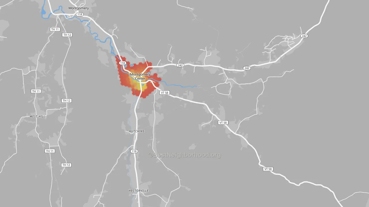 Walk Grade map of 05471, VT, walkable areas in green and car-dependent areas in red