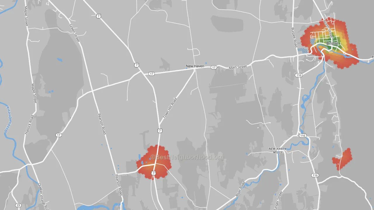 Walk Grade map of 05472, VT, walkable areas in green and car-dependent areas in red