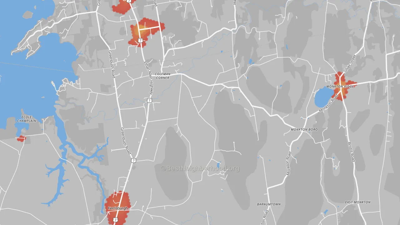 Walk Grade map of 05473, VT, walkable areas in green and car-dependent areas in red