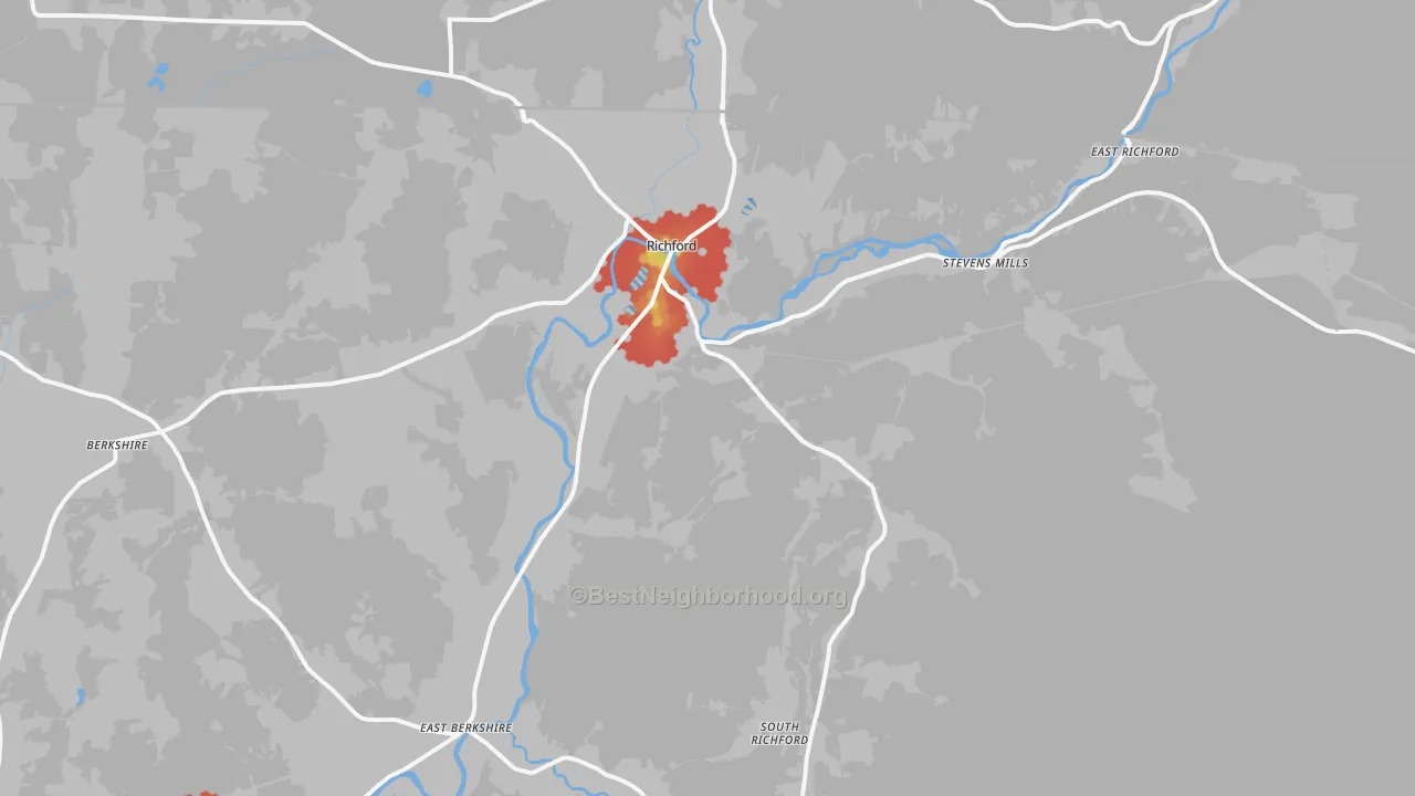 Walk Grade map of 05476, VT, walkable areas in green and car-dependent areas in red