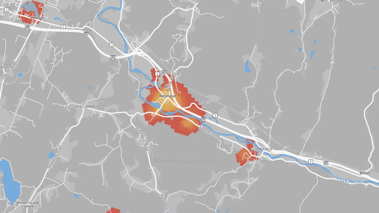Walk Grade map of 05477, VT, walkable areas in green and car-dependent areas in red