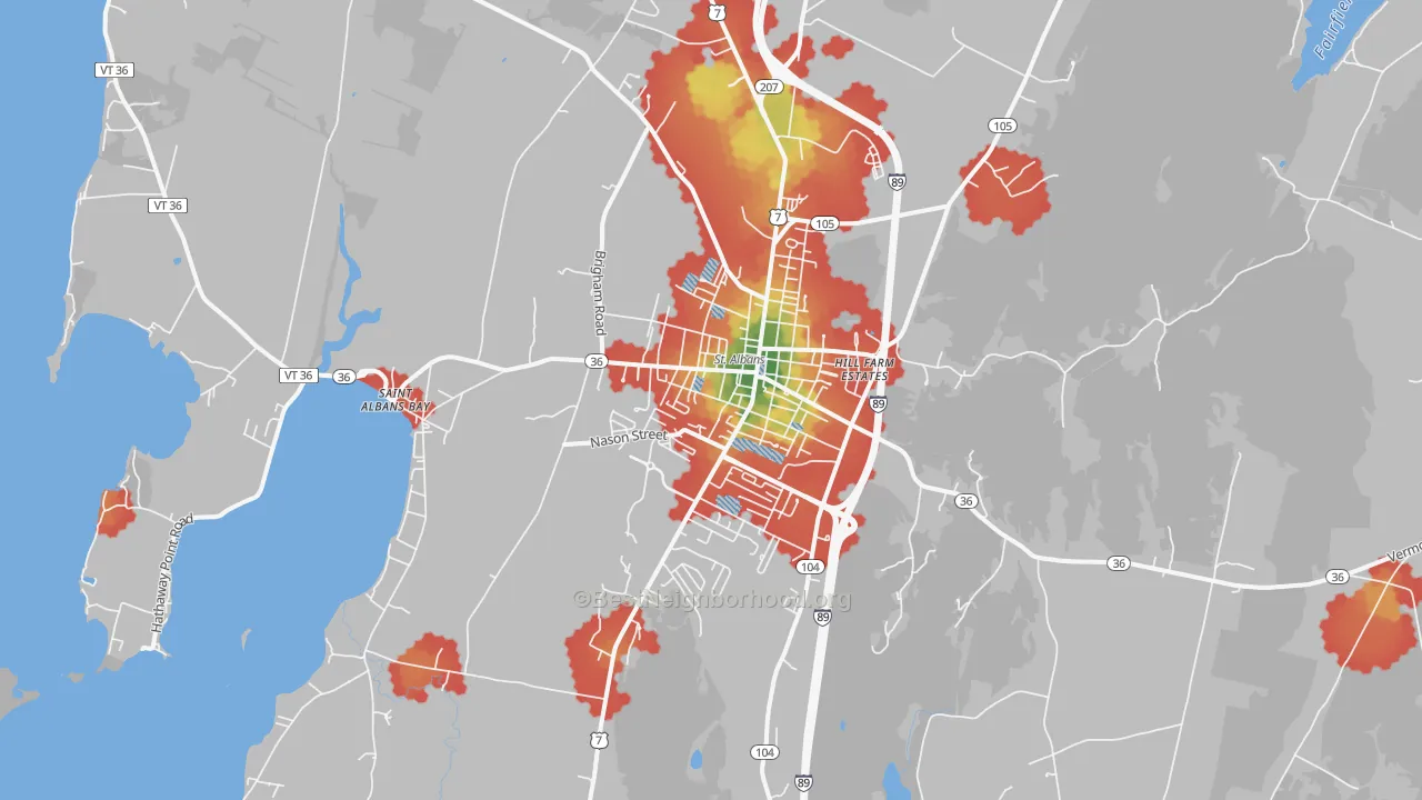 Walk Grade map of 05478, VT, walkable areas in green and car-dependent areas in red