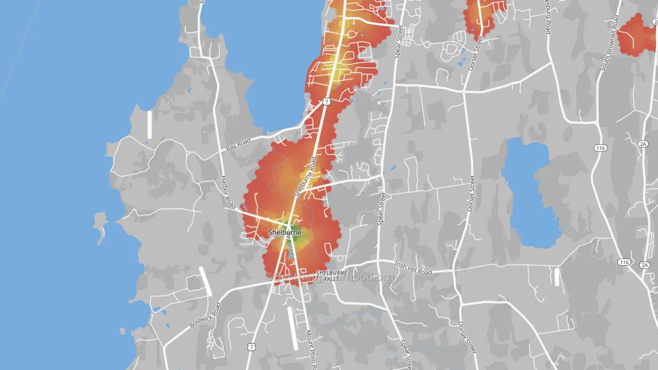 Walk Grade map of 05482, VT, walkable areas in green and car-dependent areas in red