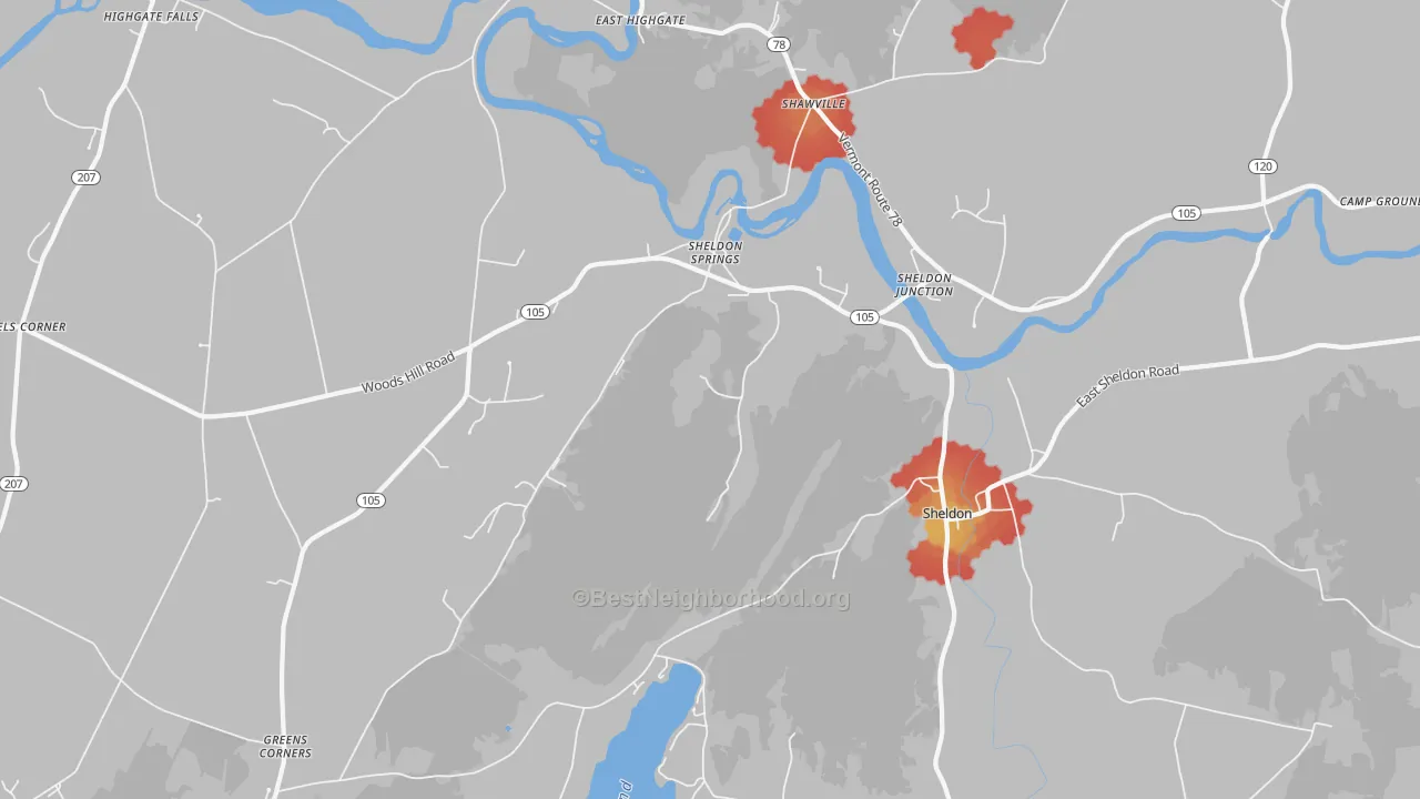 Walk Grade map of 05483, VT, walkable areas in green and car-dependent areas in red