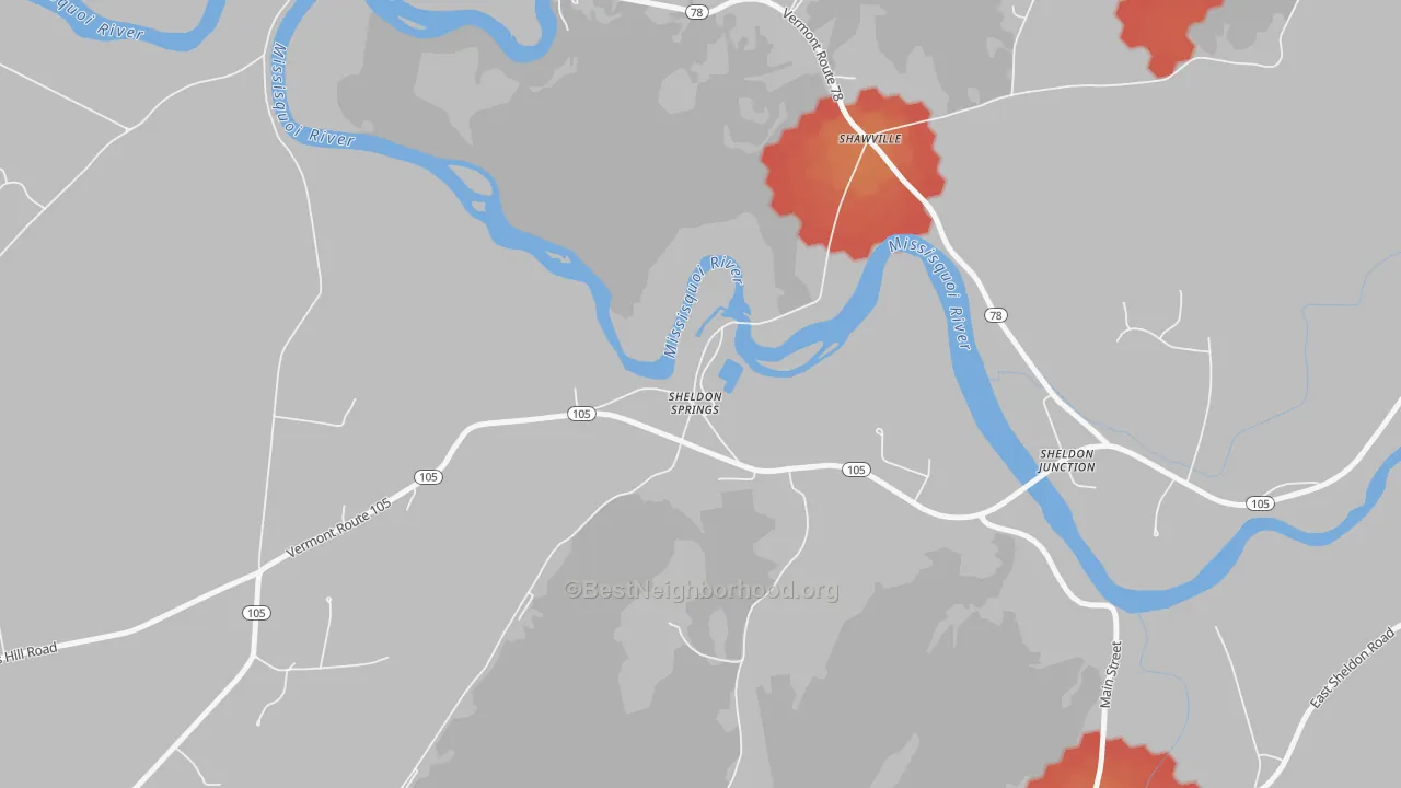 Walk Grade map of 05485, VT, walkable areas in green and car-dependent areas in red