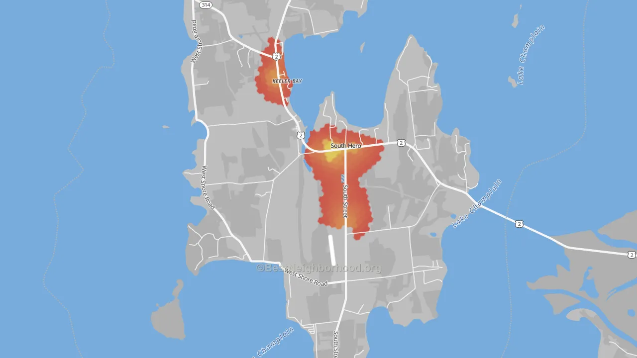 Walk Grade map of 05486, VT, walkable areas in green and car-dependent areas in red