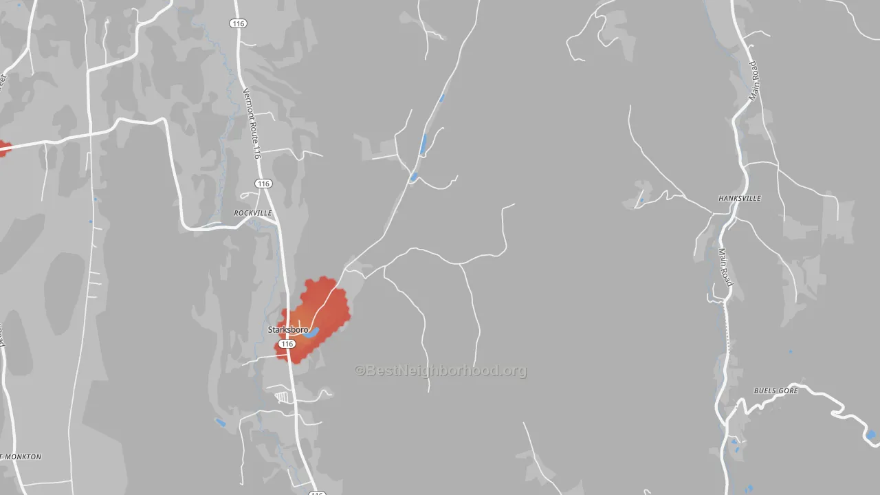Walk Grade map of 05487, VT, walkable areas in green and car-dependent areas in red