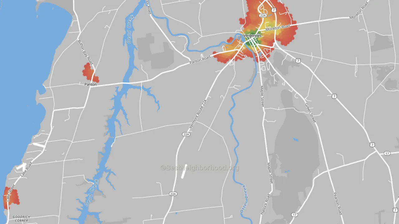 Walk Grade map of 05491, VT, walkable areas in green and car-dependent areas in red