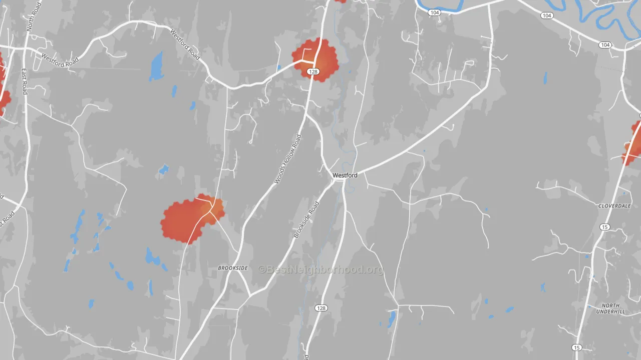 Walk Grade map of 05494, VT, walkable areas in green and car-dependent areas in red