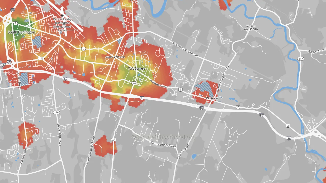 Walk Grade map of 05495, VT, walkable areas in green and car-dependent areas in red