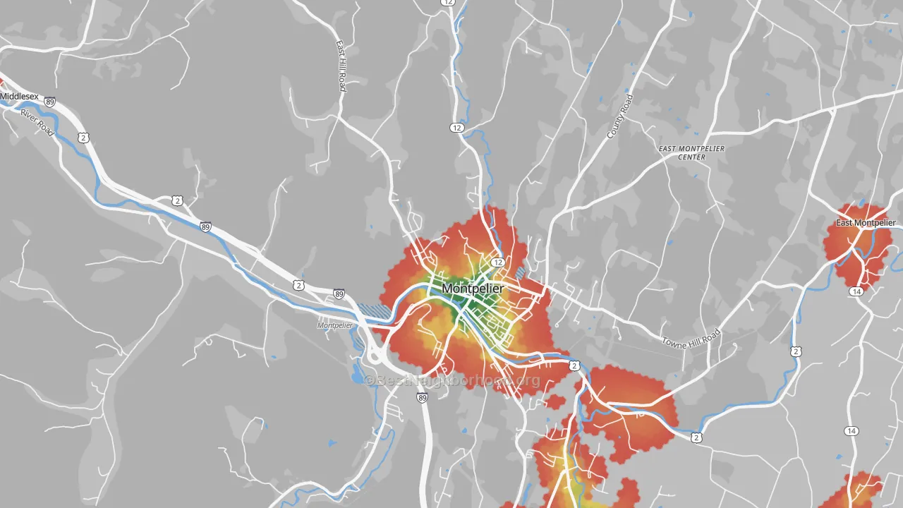 Walk Grade map of 05602, VT, walkable areas in green and car-dependent areas in red