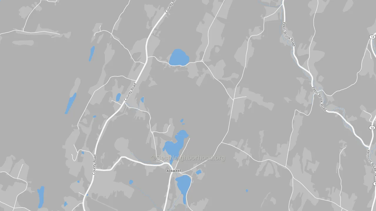 Walk Grade map of 05640, VT, walkable areas in green and car-dependent areas in red
