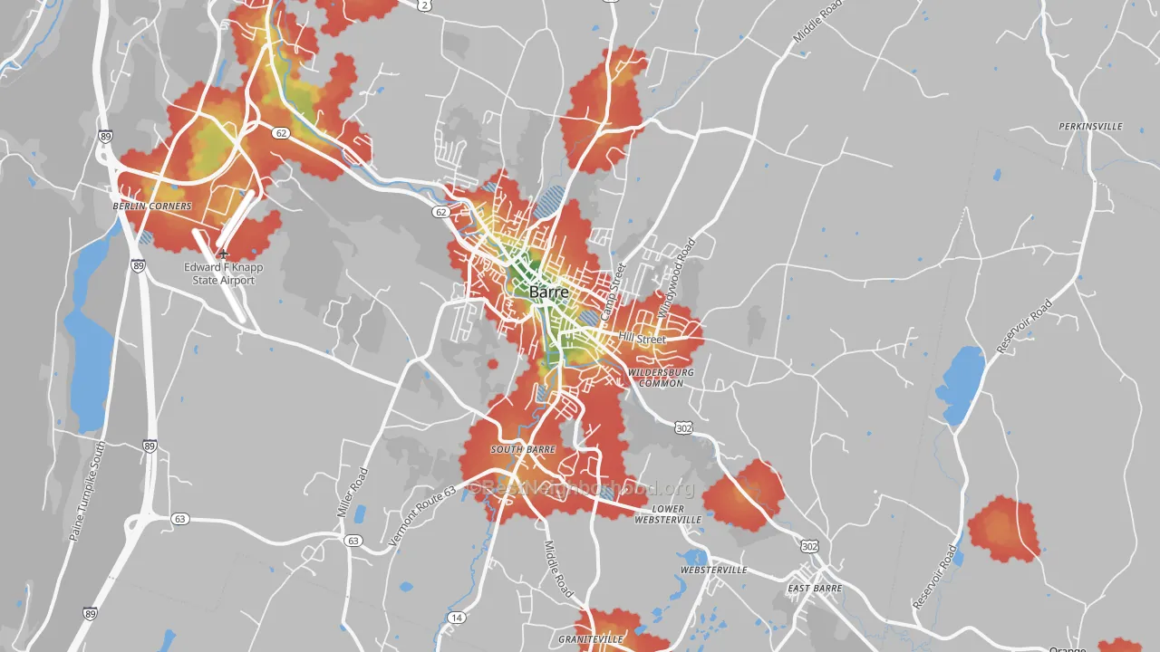 Walk Grade map of 05641, VT, walkable areas in green and car-dependent areas in red