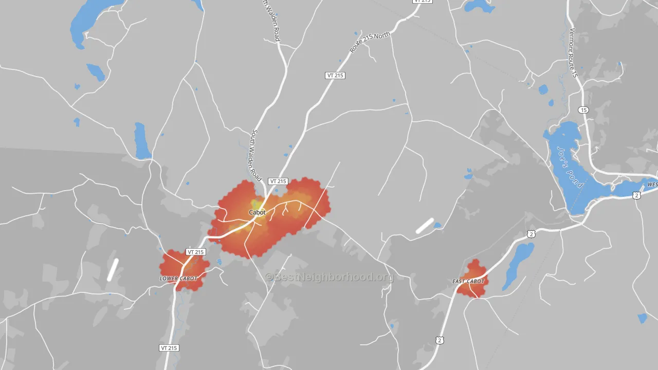 Walk Grade map of 05647, VT, walkable areas in green and car-dependent areas in red