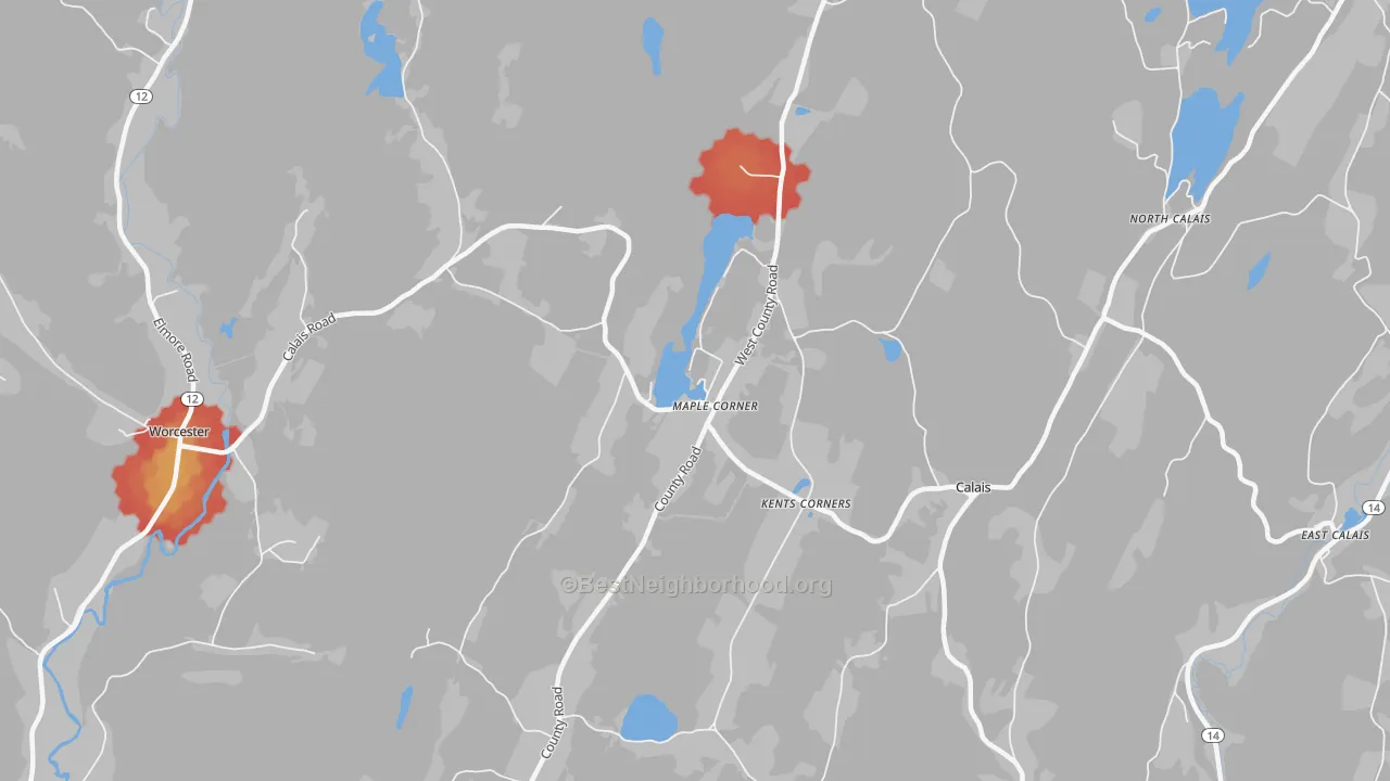 Walk Grade map of 05648, VT, walkable areas in green and car-dependent areas in red