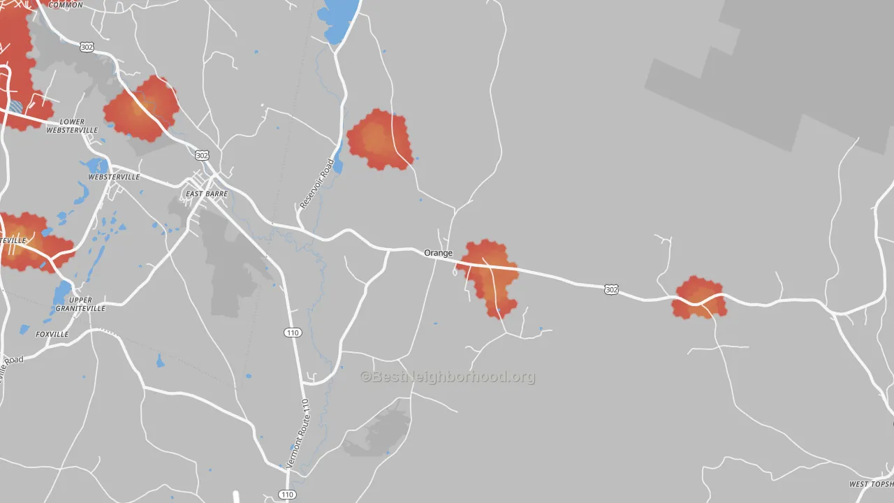 Walk Grade map of 05649, VT, walkable areas in green and car-dependent areas in red