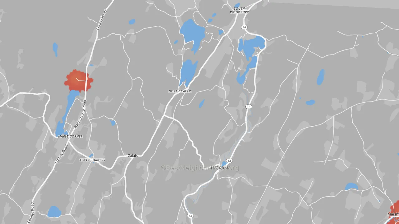Walk Grade map of 05650, VT, walkable areas in green and car-dependent areas in red