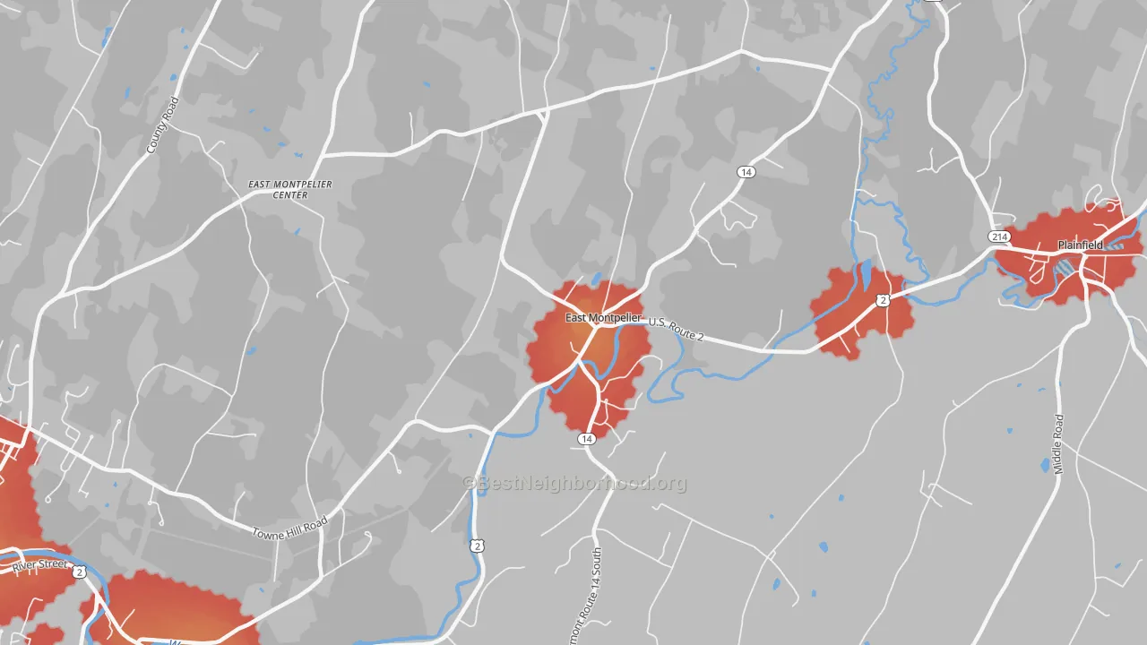 Walk Grade map of 05651, VT, walkable areas in green and car-dependent areas in red